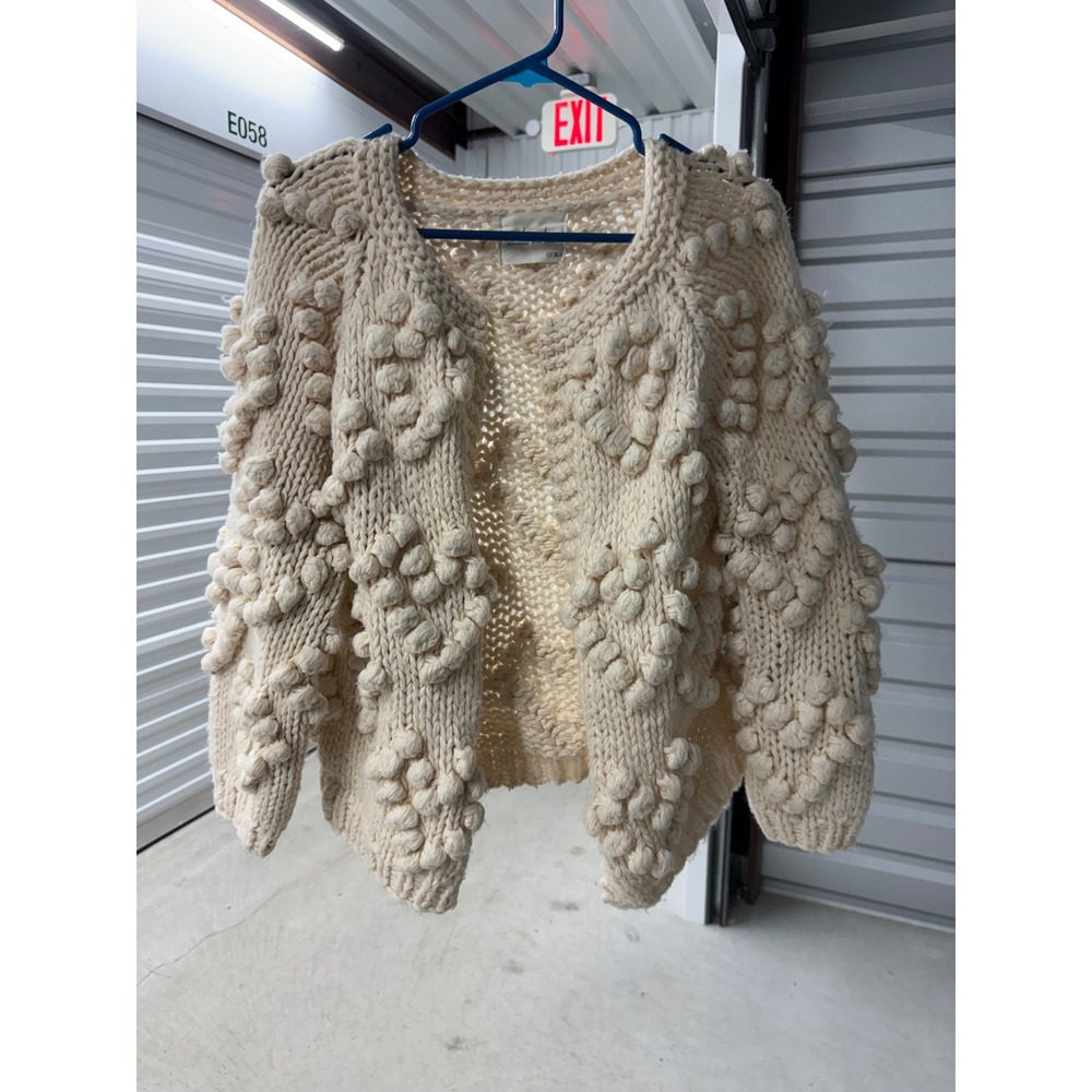 Chicwish Ivory Heart Pom Pom Chunky Knit Cardigan Sweater Cream Handmade Large